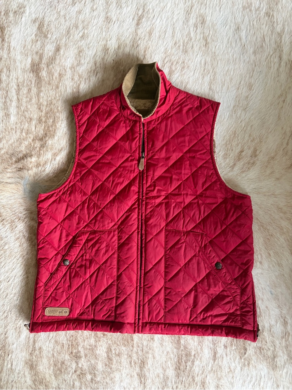 Ralph Lauren Quilted Red Womens Vest with Tan cord Trim